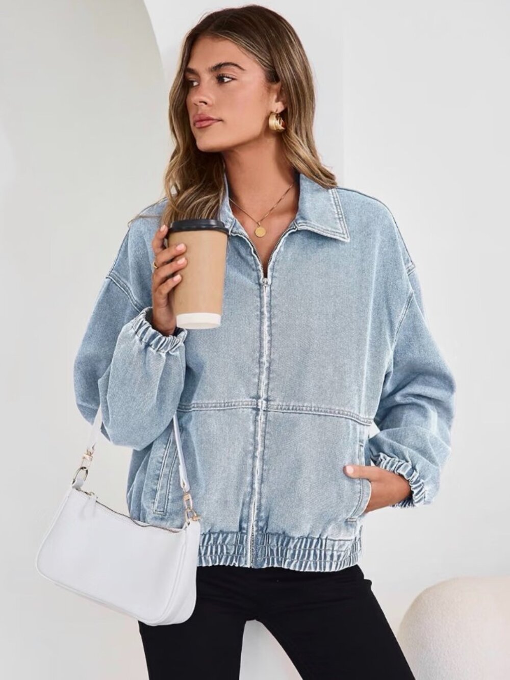 Light Wash Denim Zip Up Bomber Jacket Collared Elastic Hem Size L NWT